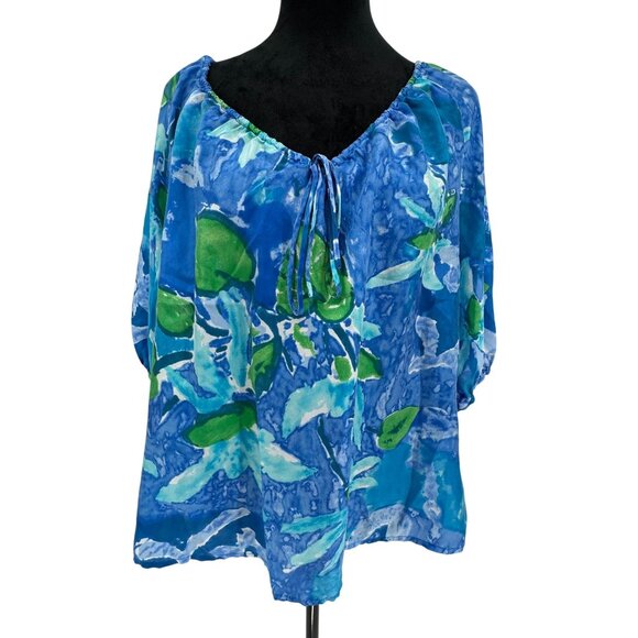 Lauren Ralph‎ Milkmaid Top Womens Size L Silk Floral Watercolor Drawstring Neck - Picture 3 of 7